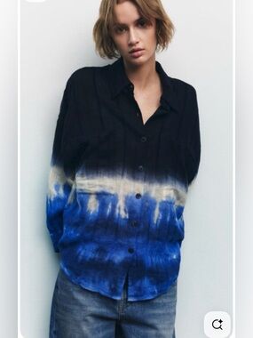 Zara Blue Linen Blend Tie Dye Shirt Small Button Up Crinkle Gauze Long Sleeve